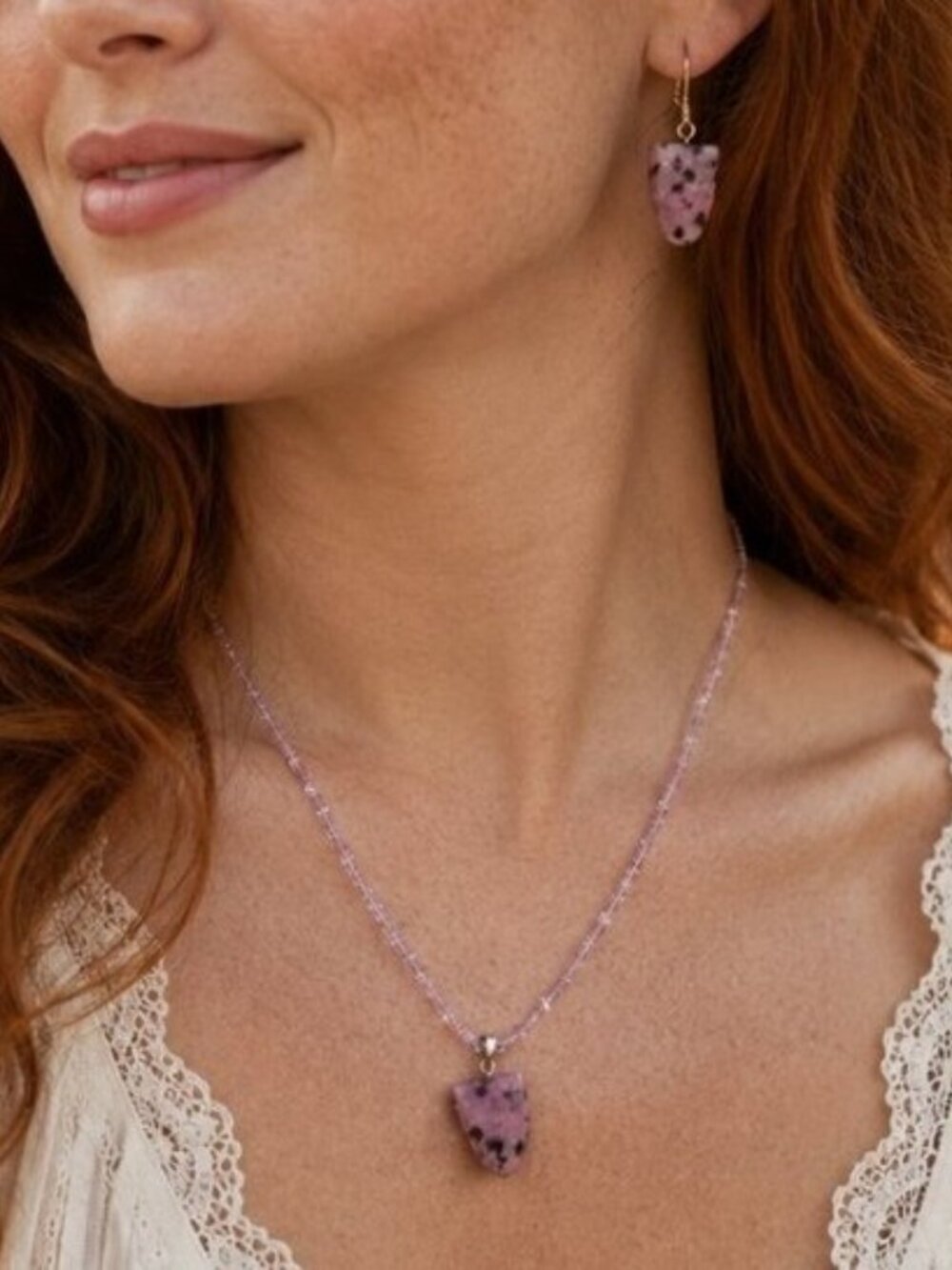 Necklace Earrings Set Rhodonite Lavendar Crystal Pink Purple Gemstone Boho 17"